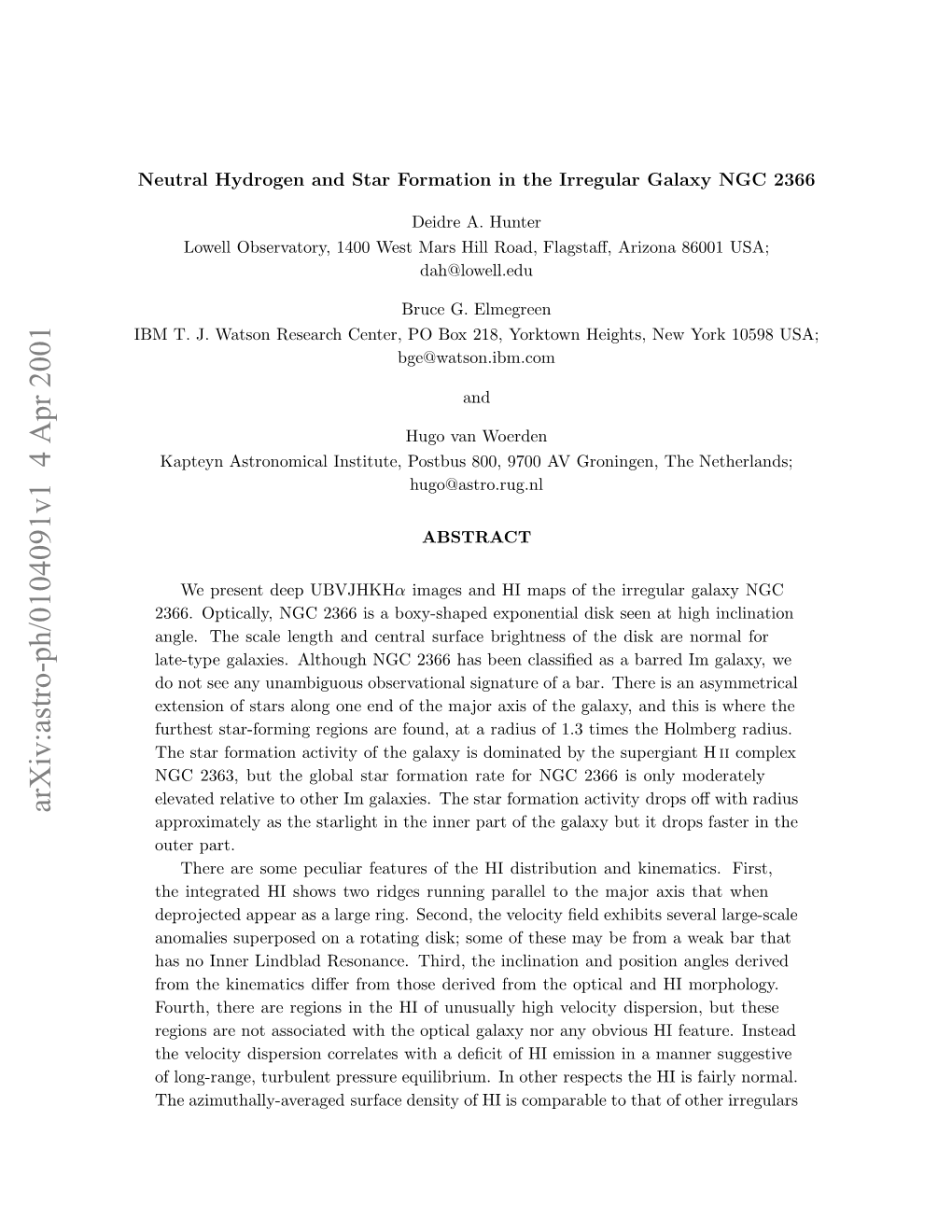 Arxiv:Astro-Ph/0104091V1 4 Apr 2001 B .J Asnrsac Etr Obx28 Okonheight Yorktown 218, Box PO Center, Research Watson J