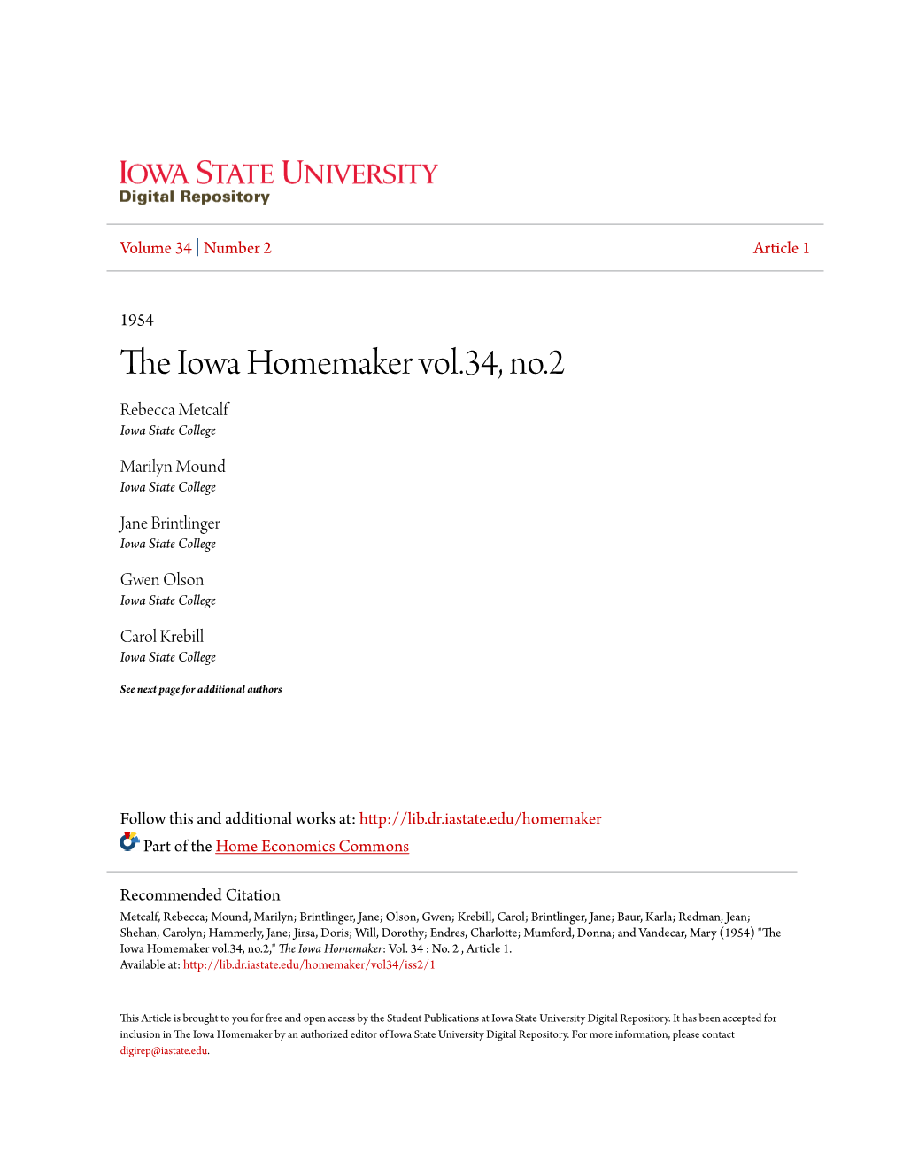 The Iowa Homemaker Vol.34, No.2," the Iowa Homemaker: Vol