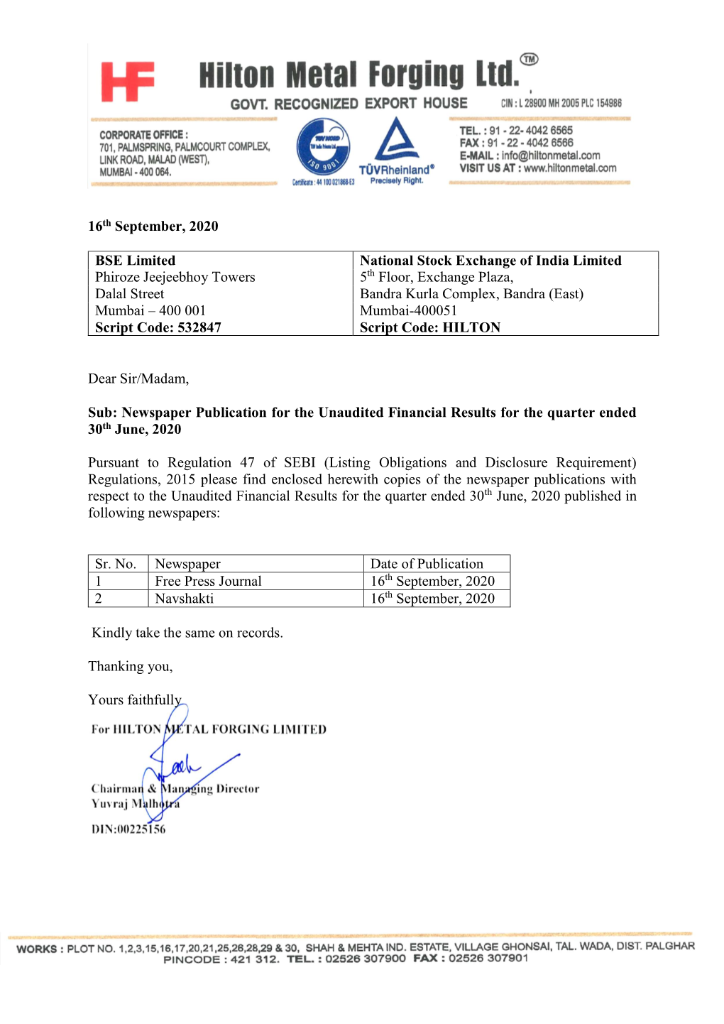 Newspaper Publication for the Unaudited Financial Results for the Quarter Ended 30Th June, 2020