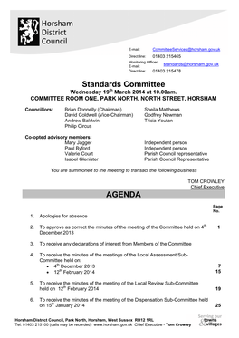 Standards Committee Wednesday 19Th March 2014 at 10.00Am