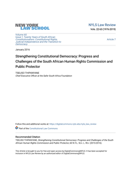Strengthening Constitutional Democracy: Progress and Challenges of the South African Human Rights Commission and Public Protector