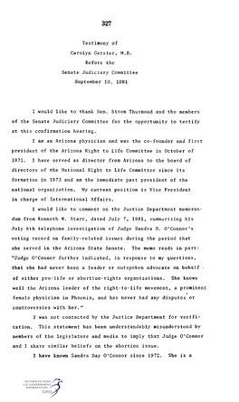 Testimony of Carolyn Gerster, M.D. Before the Senate Judiciary Committee September 10, 1981 I Would Like to Thank Sen. Strom