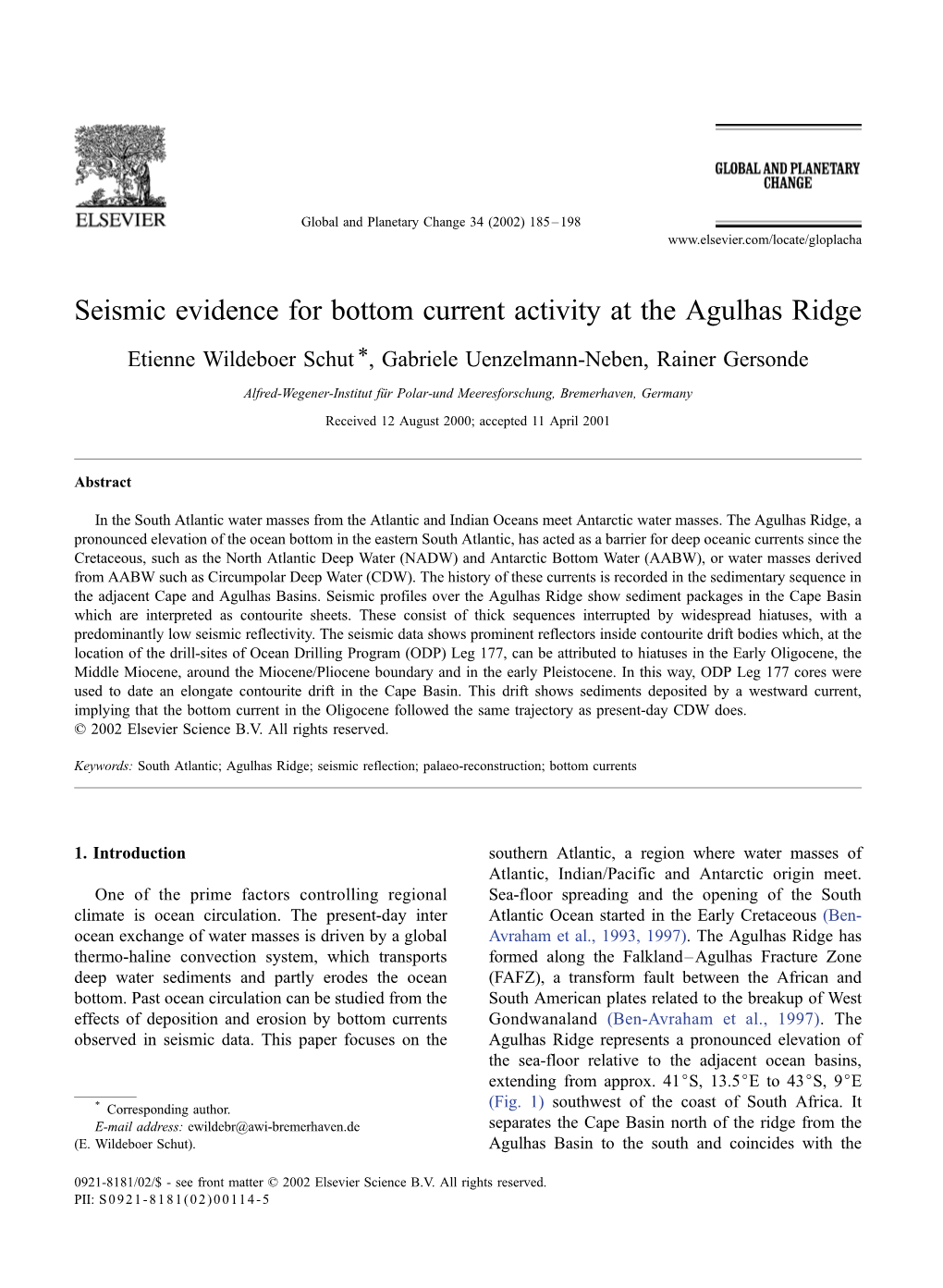 Seismic Evidence for Bottom Current Activity at the Agulhas Ridge