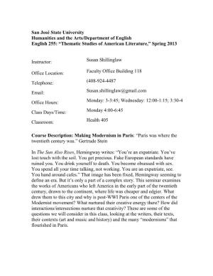 English English 255: “Thematic Studies of American Literature,” Spring 2013