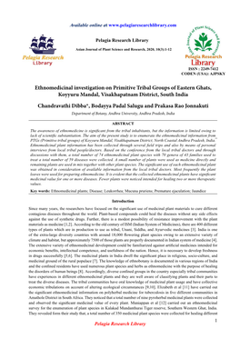 Ethnomedicinal Investigation on Primitive Tribal Groups of Eastern Ghats, Koyyuru Mandal, Visakhapatnam District, South India