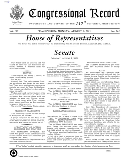 Congressional Record United States Th of America PROCEEDINGS and DEBATES of the 117 CONGRESS, FIRST SESSION