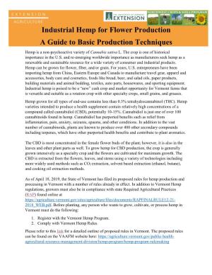 Industrial Hemp for Flower Production a Guide to Basic Production Techniques Hemp Is a Non-Psychoactive Variety of Cannabis Sativa L