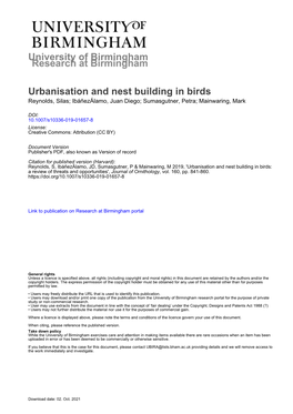 Urbanisation and Nest Building in Birds Reynolds, Silas; Ibáñezálamo, Juan Diego; Sumasgutner, Petra; Mainwaring, Mark