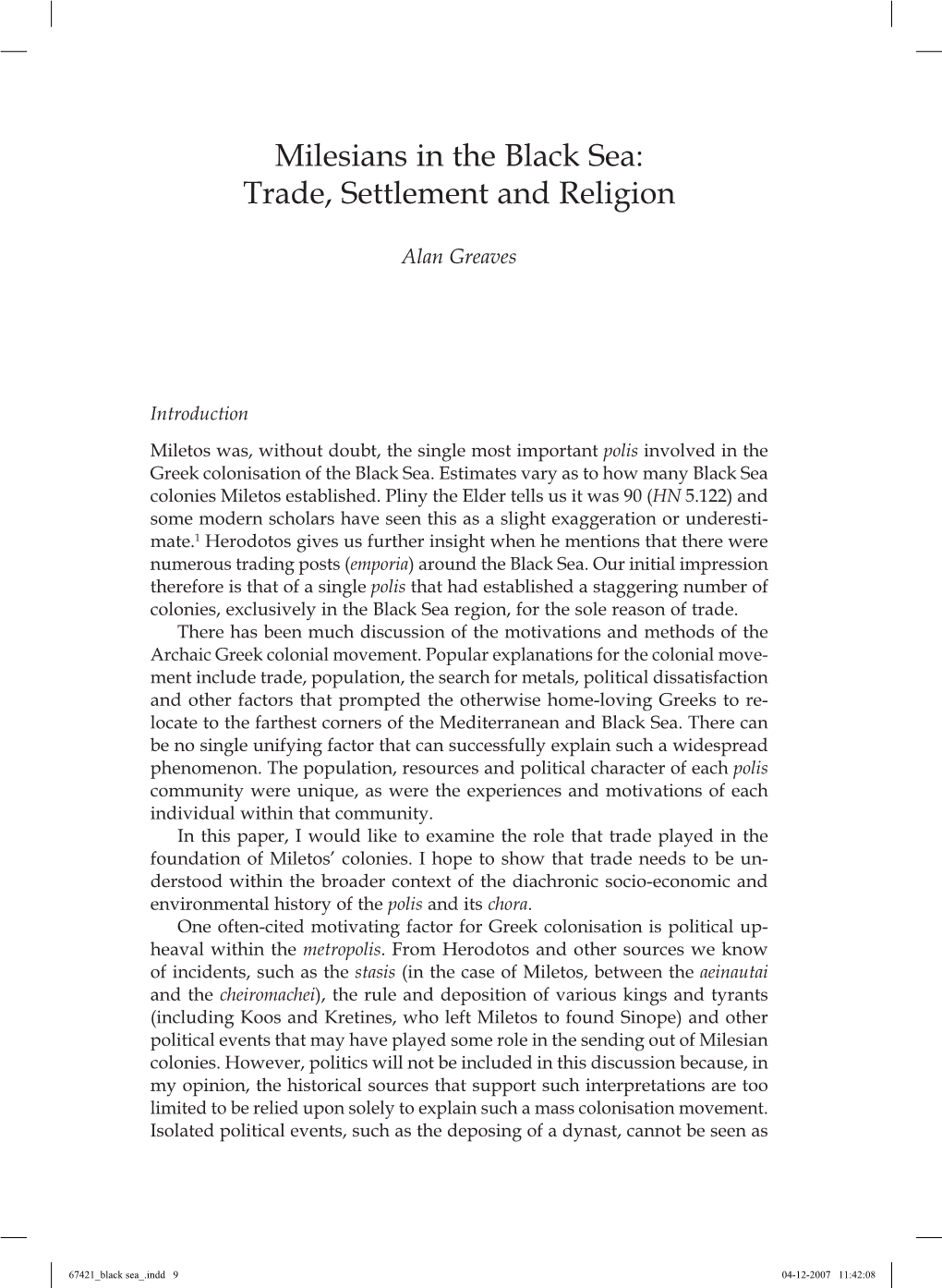 Milesians in the Black Sea: Trade, Settlement and Religion