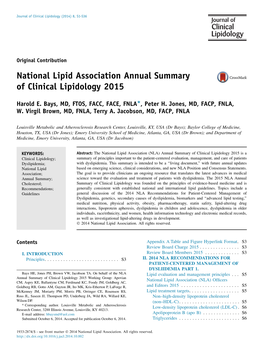 National Lipid Association Annual Summary of Clinical Lipidology 2015