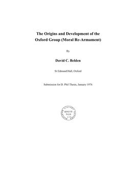 The Origins and Development of the Oxford Group (Moral Re-Armament)