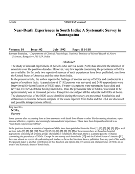 Near-Death Experiences in South India: a Systematic Survey in Channapatna