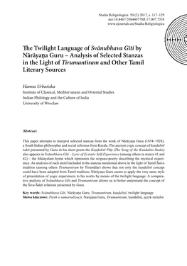 The Twilight Language of Svānubhava Gīti by Nārāyaṇa Guru – Analysis of Selected Stanzas in the Light of Tirumantiram and Other Tamil Literary Sources