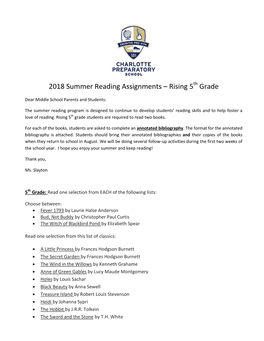2018 Summer Reading Assignments – Rising 5 Grade