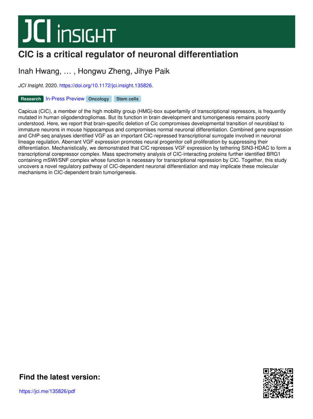 CIC Is a Critical Regulator of Neuronal Differentiation