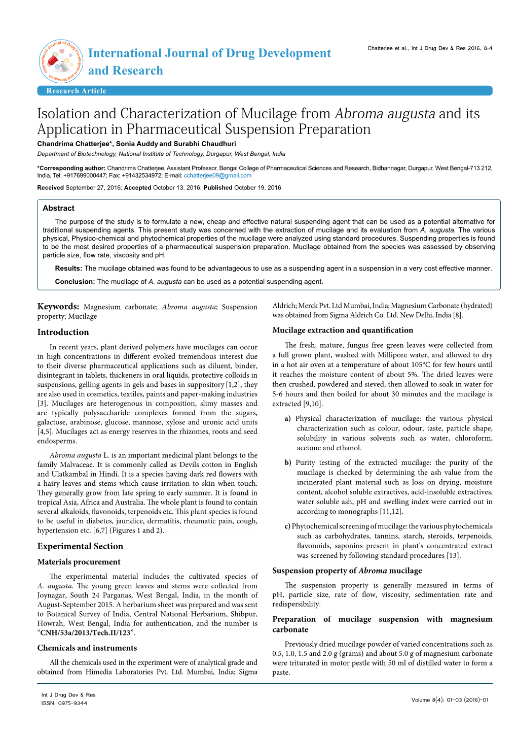 Isolation and Characterization of Mucilage from Abroma Augusta And