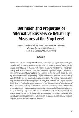 Definition and Properties of Alternative Bus Service Reliability Measures at the Stop Level