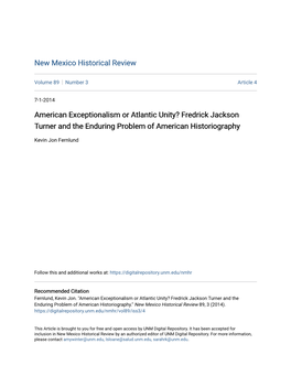 American Exceptionalism Or Atlantic Unity? Fredrick Jackson Turner and the Enduring Problem of American Historiography
