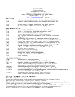 Curriculum Vitae Michael E. Hasselmo Center for Systems Neuroscience Department of Psychological and Brain Sciences, Boston