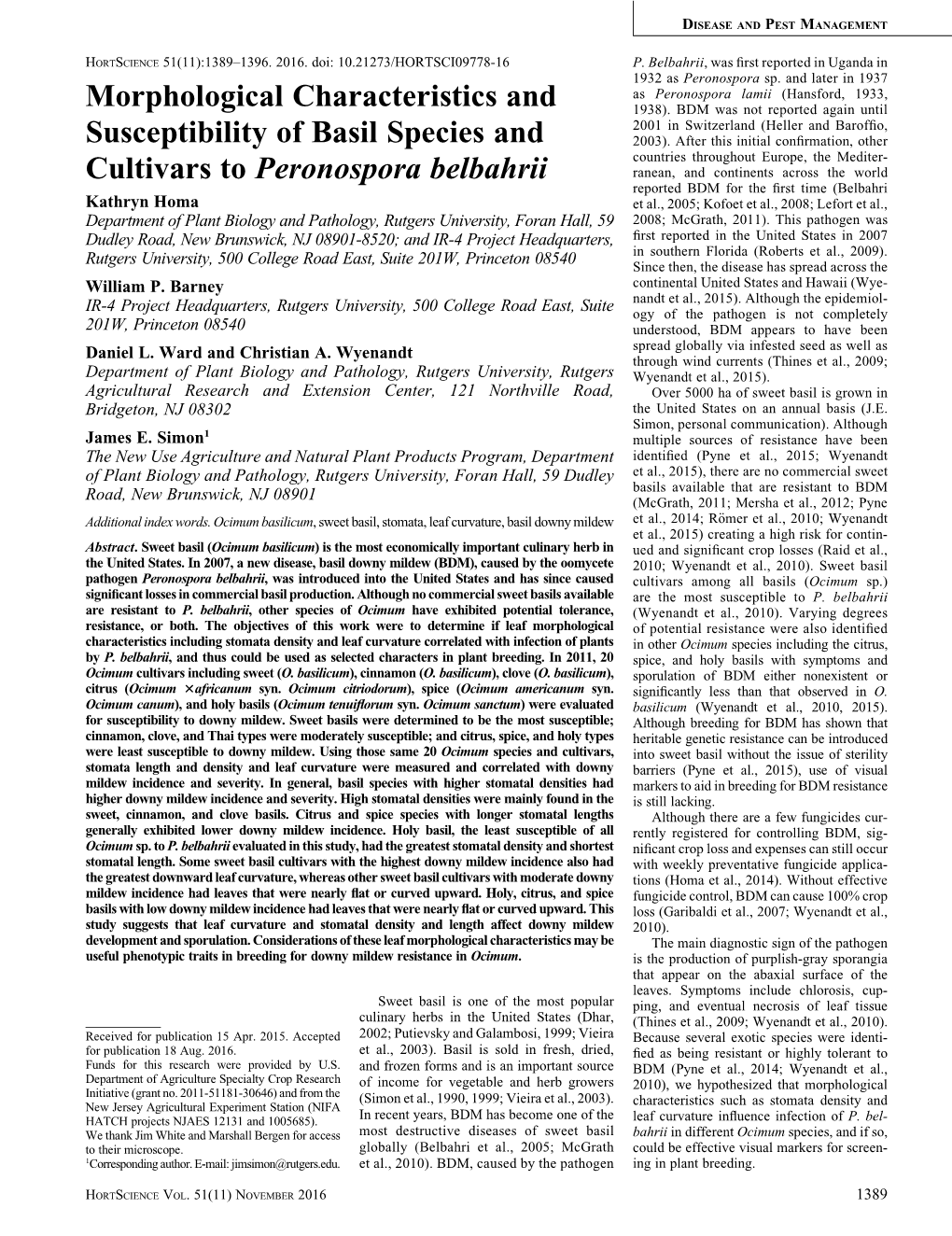 Morphological Characteristics and Susceptibility of Basil Species and Cultivars to Peronospora Belbahrii