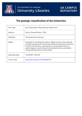 THE GEOLOGIC CLASSIFICATIGK of the METEORITES By