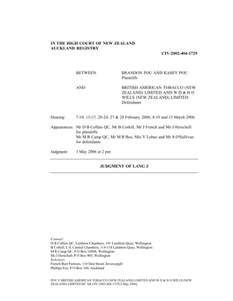 In the High Court of New Zealand Auckland Registry Civ-2002-404-1729