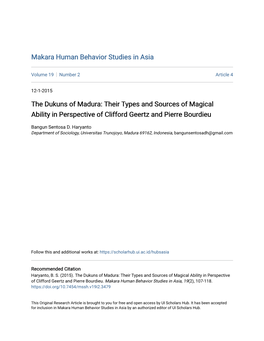 The Dukuns of Madura: Their Types and Sources of Magical Ability in Perspective of Clifford Geertz and Pierre Bourdieu