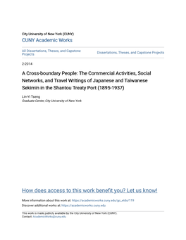 A Cross-Boundary People: the Commercial Activities, Social Networks, and Travel Writings of Japanese and Taiwanese Sekimin in the Shantou Treaty Port (1895-1937)