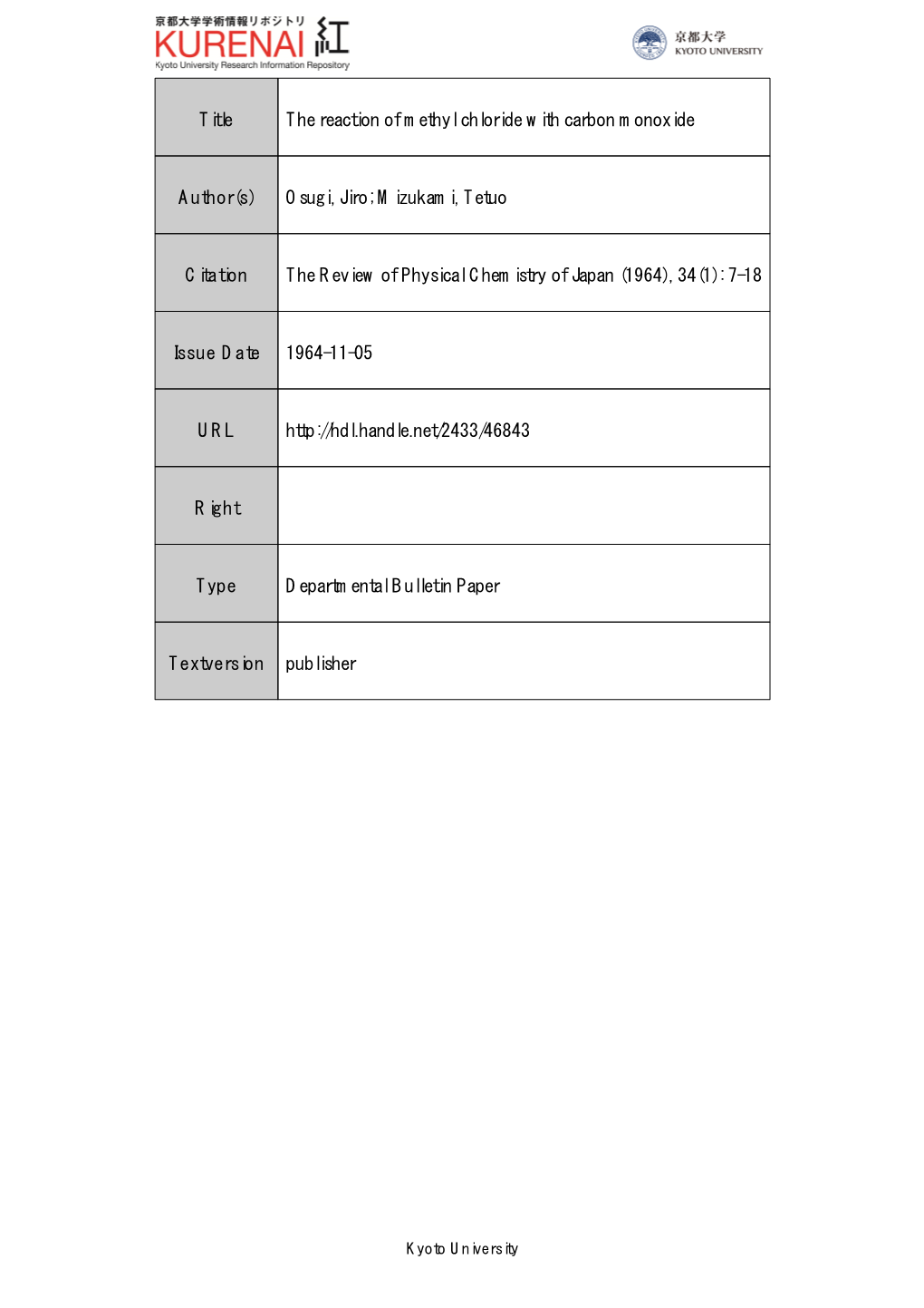 Title the Reaction of Methyl Chloride with Carbon Monoxide Author(S