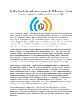 Health Care Reform & Homelessness in Multnomah County