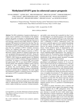 Methylated BNIP3 Gene in Colorectal Cancer Prognosis