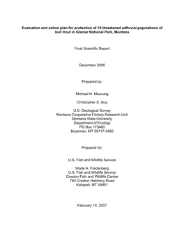 Evaluation and Action Plan for Protection of 15 Threatened Adfluvial Populations of Bull Trout in Glacier National Park, Montana