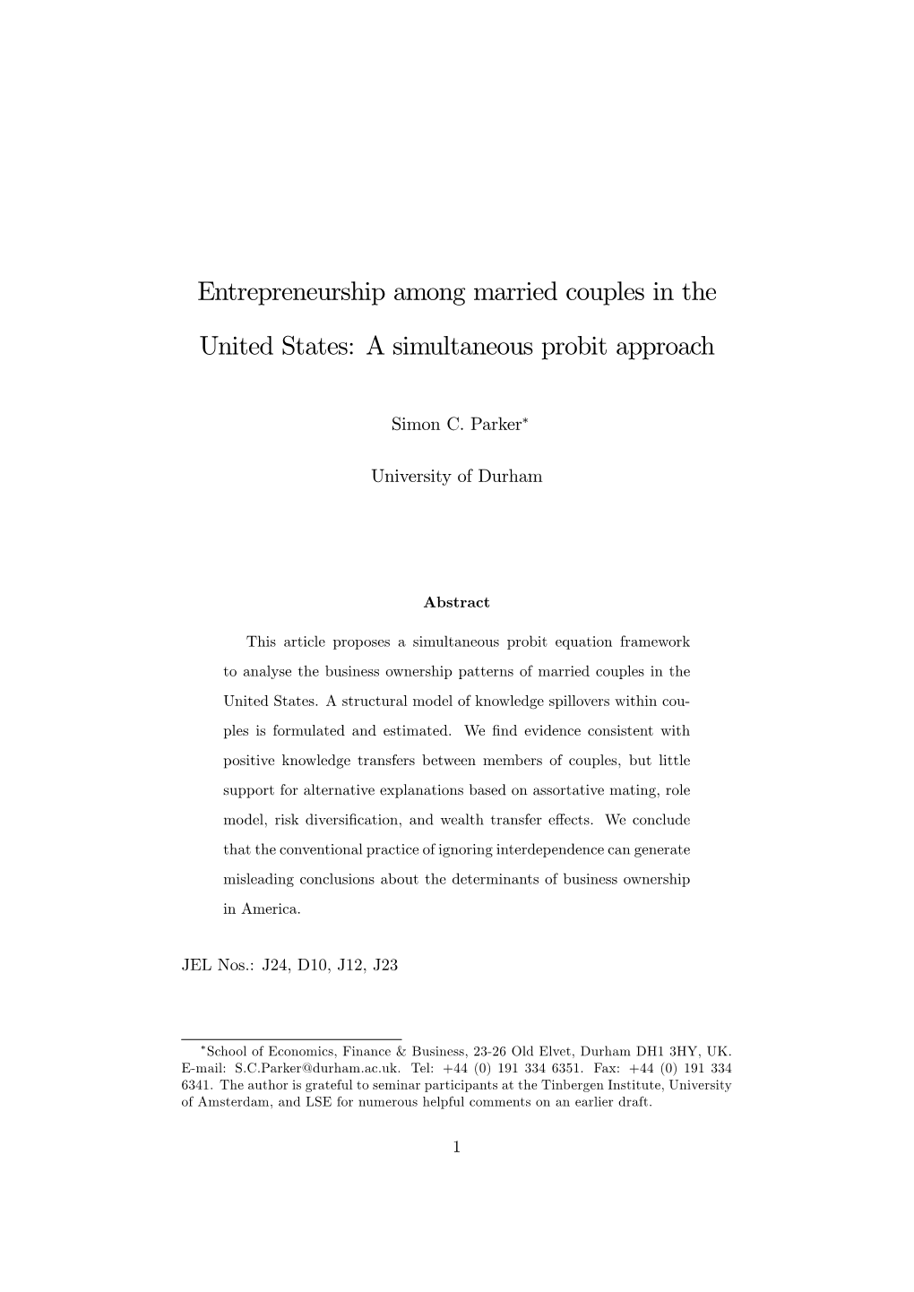 Entrepreneurship Among Married Couples in the US