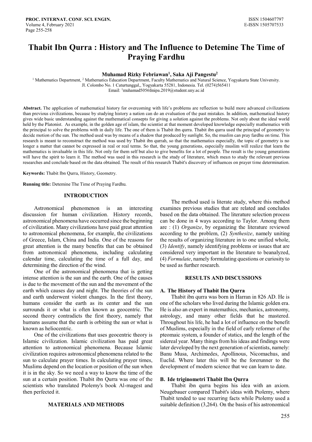 Thabit Ibn Qurra : History and the Influence to Detemine the Time of Praying Fardhu