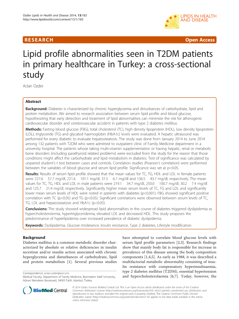 Lipid Profile Abnormalities Seen in T2DM Patients in Primary Healthcare in Turkey: a Cross-Sectional Study Aclan Ozder