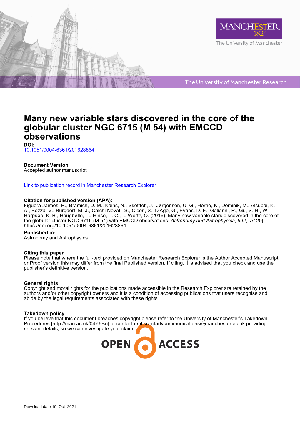 Many New Variable Stars Discovered in the Core of the Globular Cluster NGC 6715 (M 54) with EMCCD Observations DOI: 10.1051/0004-6361/201628864