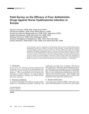 Field Survey on the Efficacy of Four Anthelmintic Drugs Against Horse Cyathostomin Infection in Europe