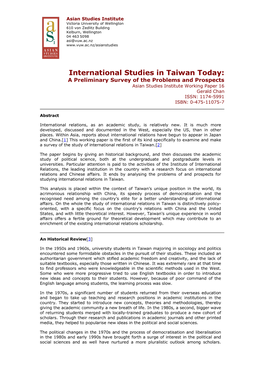 International Studies in Taiwan Today
