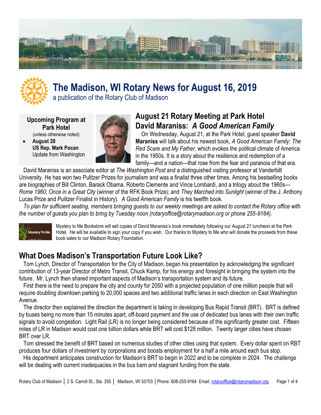 The Madison, WI Rotary News for August 16, 2019 a Publication of the Rotary Club of Madison