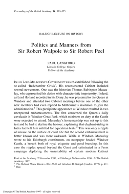 Politics and Manners from Sir Robert Walpole to Sir Robert Peel