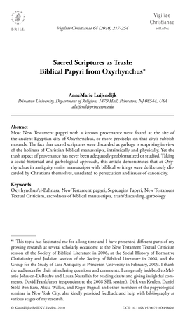 Sacred Scriptures As Trash: Biblical Papyri from Oxyrhynchus*