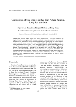 Composition of Bird Species in Huu Lien Nature Reserve, Lang Son Province