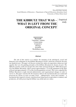 THE KIBBUTZ THAT WAS – Empirical Study WHAT IS LEFT from the ORIGINAL CONCEPT