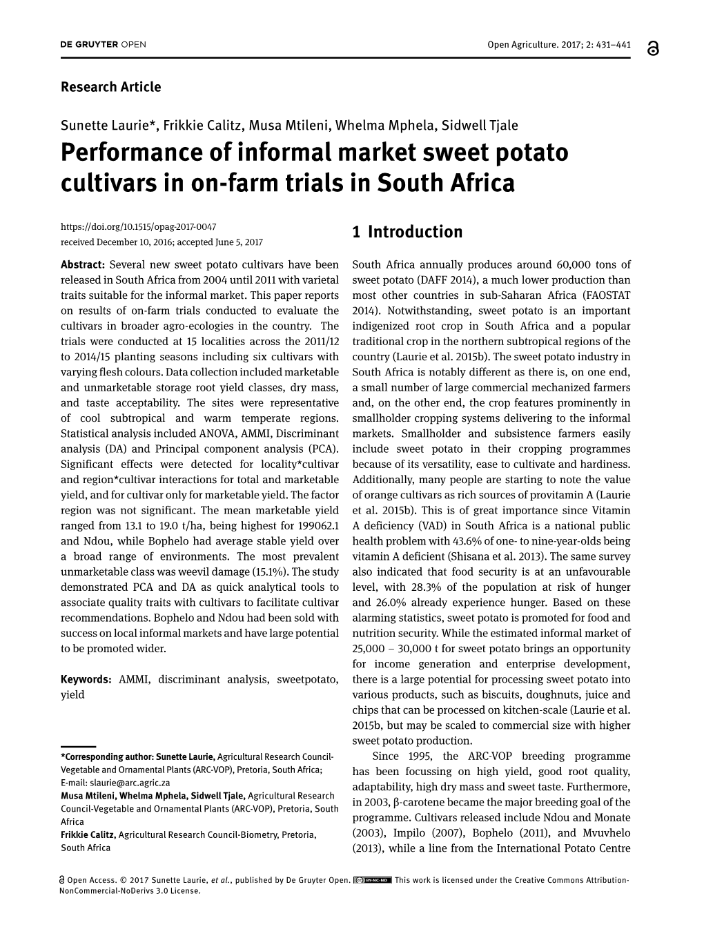 Performance of Informal Market Sweet Potato Cultivars in On-Farm Trials In