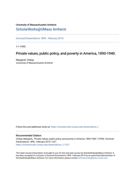 Private Values, Public Policy, and Poverty in America, 1890-1940