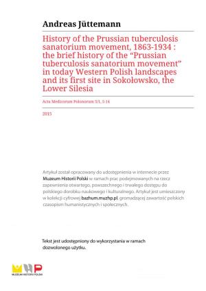 Andreas Jüttemann History of the Prussian Tuberculosis Sanatorium Movement, 1863-1934