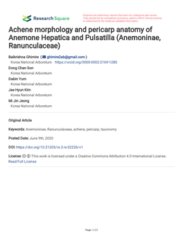 Achene Morphology and Pericarp Anatomy of Anemone Hepatica and Pulsatilla (Anemoninae, Ranunculaceae)