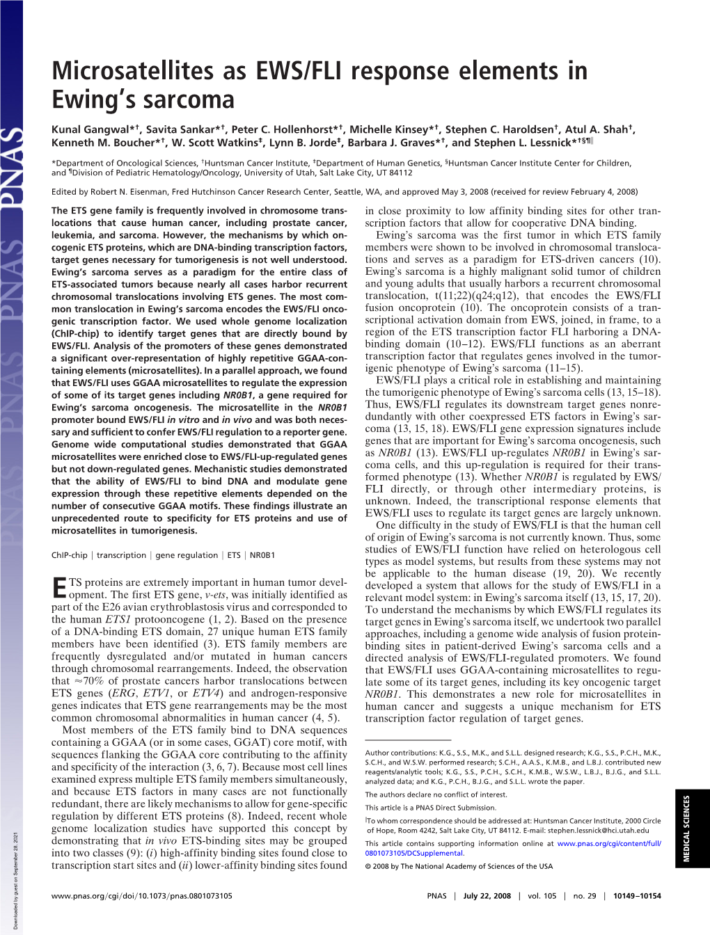 Microsatellites As EWS/FLI Response Elements in Ewing's Sarcoma