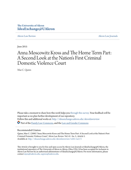 Anna Moscowitz Kross and the Home Term Part: a Second Look at the Nation’S First Criminal Domestic Violence Court