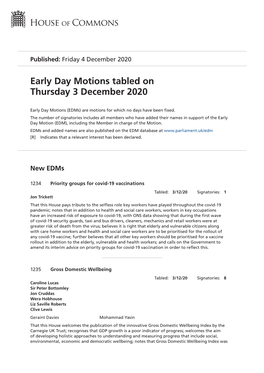 Early Day Motions Tabled on Thursday 3 December 2020